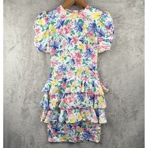 Jody Watercolor Dress Womens 8 Floral Ruffle Puff Sleeve Drop Waist 80s Romantic